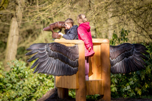 Kinder schauen durch Fernglas beim Pfad der Sinne.