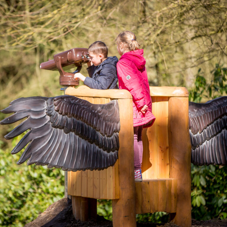 Kinder schauen durch Fernglas beim Pfad der Sinne.