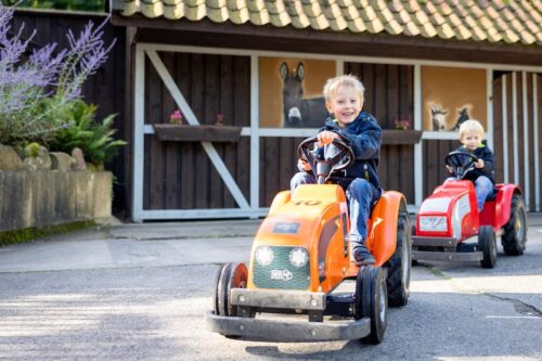 Zwei kleine Jungen fahren in kleinen Traktoren über den Traktorplatz